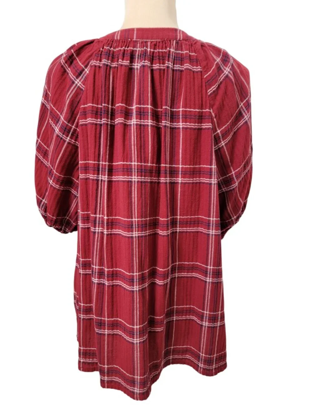 Loft Size XL Burgundy , White and Blue Plaid Split Neck Puffed Sleeve Blouse